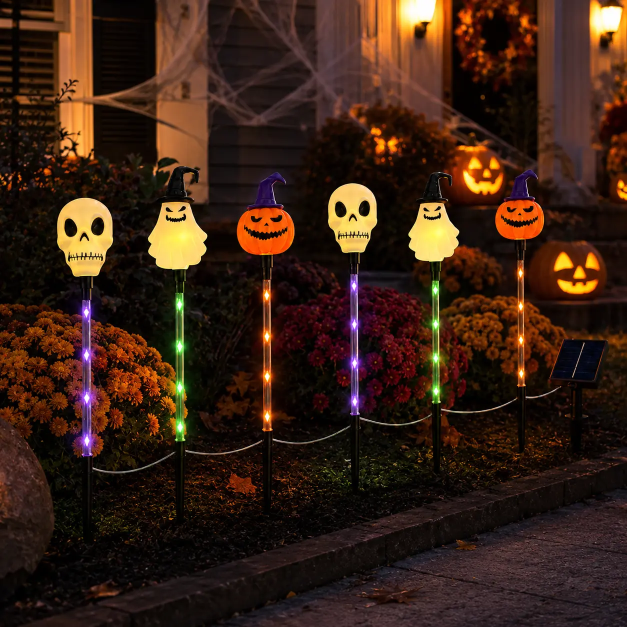 6-Pack Solar Halloween Stake Lights, Skull Ghost and Pumpkin Outdoor Yard Decorations with 8 Lighting Modes, IPX4 Weather-Resistant LED Pathway Lights for Lawn, Garden and Walkway