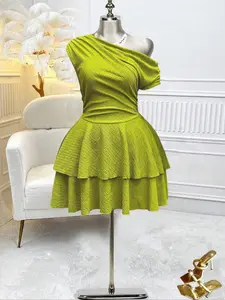 Plus Size Solid Ruffle Trim Dress, Fashion Casual Asymmetrical Dress for Daily Outdoor Wear, Elegant Draped Style Plus Size Women's Clothing for Summer