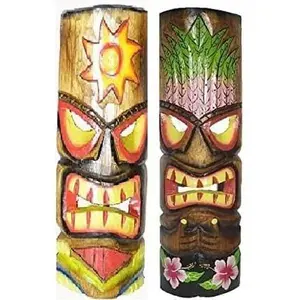 WorldBazzar 20" SET OF 2 HANDMADE TIKI MASK black color HAWAIIAN POLYNESIAN WALL ART TRIBAL BAR TROPICAL