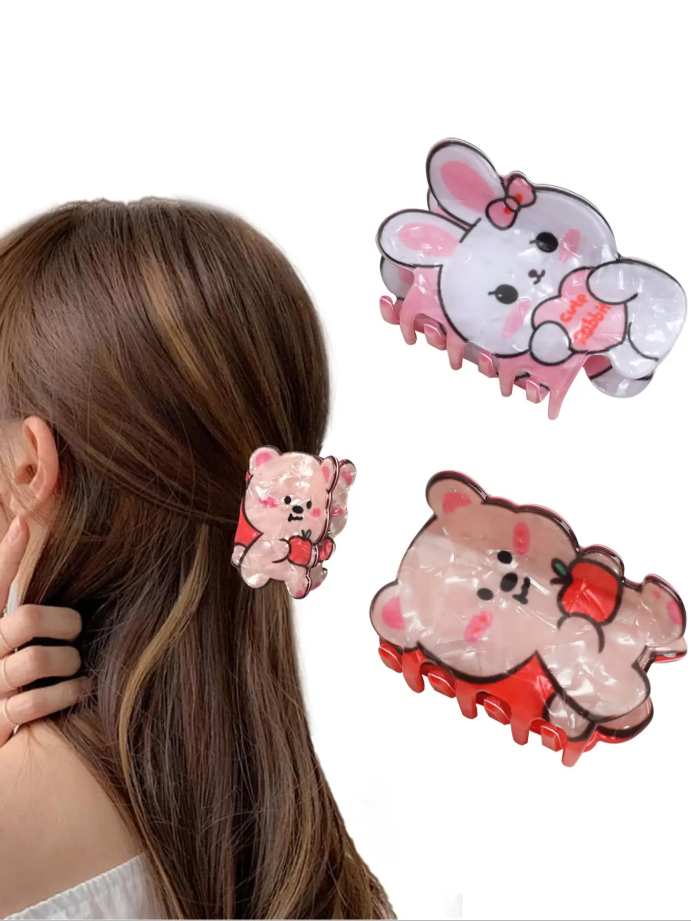 Cute Cartoon Animal Hair Clips Hair Claw Set, 2pcs Rabbit Bear Shark Barrettes, Sweet Versatile Hair Accessories for Half Updo Hairstyles