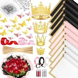 449Pcs Flower Bouquet Wrapping Accessories with Floral Wrapping Paper Gold Crowns Butterfly Decorations Gem Pins and Wooden Sticks, Ribbons for Money Bouquet Mother's Day Baby Shower Graduation