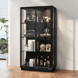 FUFU&GAGA Black Large Display Cabinet with Glass Shelving, Sliding Doors & Spotlights for Trophy & Collectibles