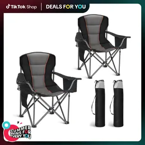 PHIVILLA Oversized Camping Folding Chair, Heavy Duty Support 450 LBS Steel Frame Collapsible Padded Arm Chair with Cup Holder Quad Lumbar Back, Portable for Outdoor