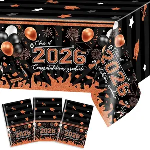 Avezano 3 pcs Graduation Tablecloths 108x54 inch Graduation Table Cloths Class of 2026 Orange and Black Grad Party Tablecover Decorations Plastic Disposable