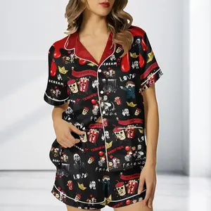 Let’s Watch Horror Movies Satin Pajama Set, Friends Scream Pjs, Halloween Sleepwear, Spooky Cute Horror Costume