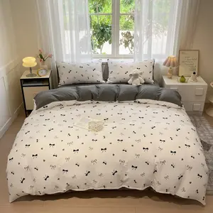 4pcs Black Bow Bedroom Decor Quilt Set, Double Bed Sheet Set, 4-Piece with Zipper Closure, White, Without Pillowcases, Suitable for Bedroom, Dormitory, Guest Room, Includes 1* Quilt Cover + 1* Flat Sheet + 2* Pillowcases, Decorative Bedding Set