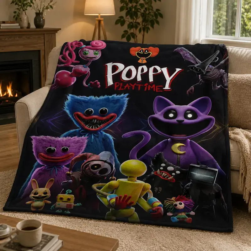 Poppy Playtime Flannel Blanket Soft Skin Friendly Warm Sofa Bedroom Nap Throw Blanket Multi Scene Use Classic Style Print Pattern Air Conditioning Summer Dorm Couch Gamer Room Decor Back to School Perfect Birthday Gift Gamer Cover Plush