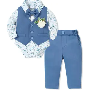 Baby Boy Clothing Set Baby Gentleman Suit Collared Shirt + Vest + Tie + Boutonniere + Pants 5-Piece Baby Set
