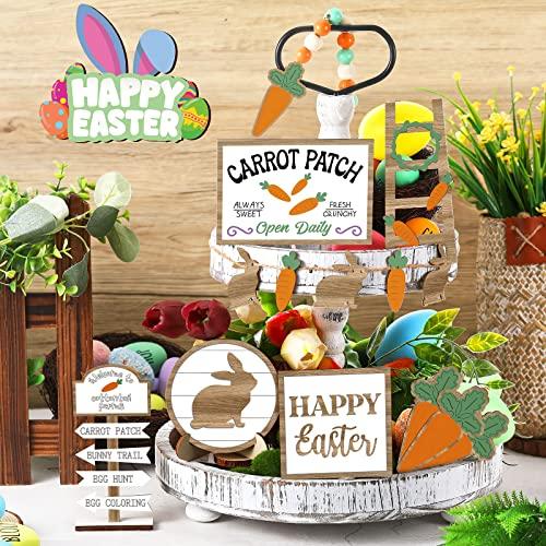 Easter Tiered Tray Decor Wooden Signs Set (No Tray), Rustic Bunny Egg Carrot Jesus Cross Risen Ornaments Cute Durable Layered Tray Signs for Mantel Shelf Table Kitchen Display, Spring Home Easter Decor Christian Family Religious Party Gifts, Date Suppiles
