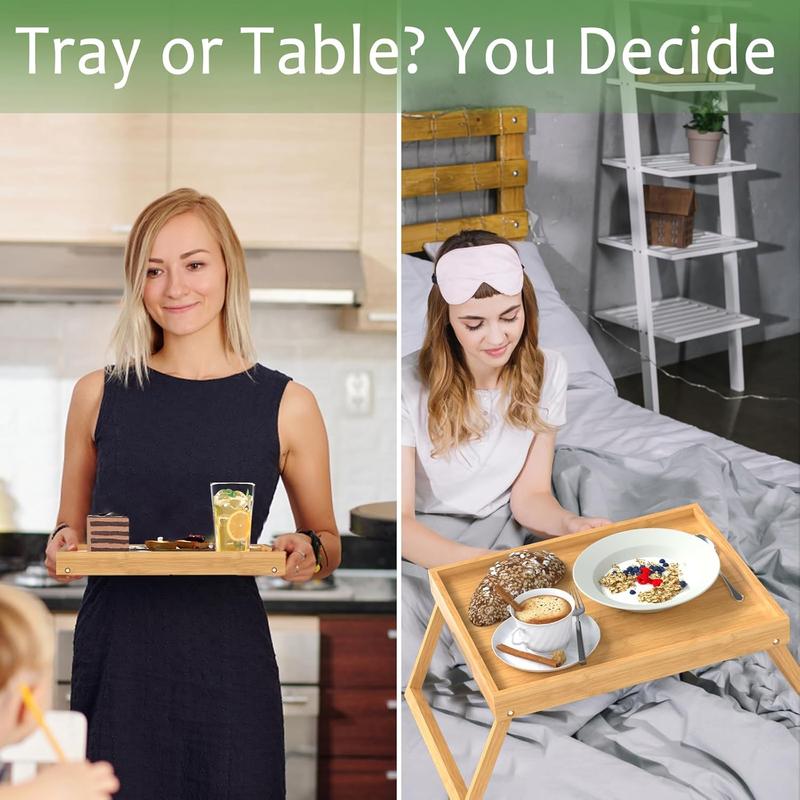 Bamboo Bed Tray Table with Foldable Legs, Breakfast in Bed Tray for Eating, Kitchen Serving Trays, Folding Table for Sofa, Beds, Eating, Working, Used As Laptop Desk Snack Trays, Brown