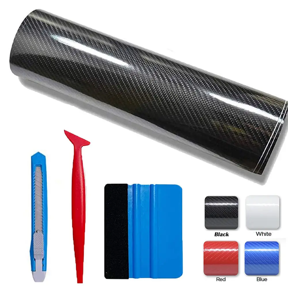 High Gloss Black Carbon Fiber Car Wrap Vinyl Bubble Free Air Release Adhesive Car Wrap Film Roll DIY Decals with Cutter and Hand Tool (12" x 60" / 1 F