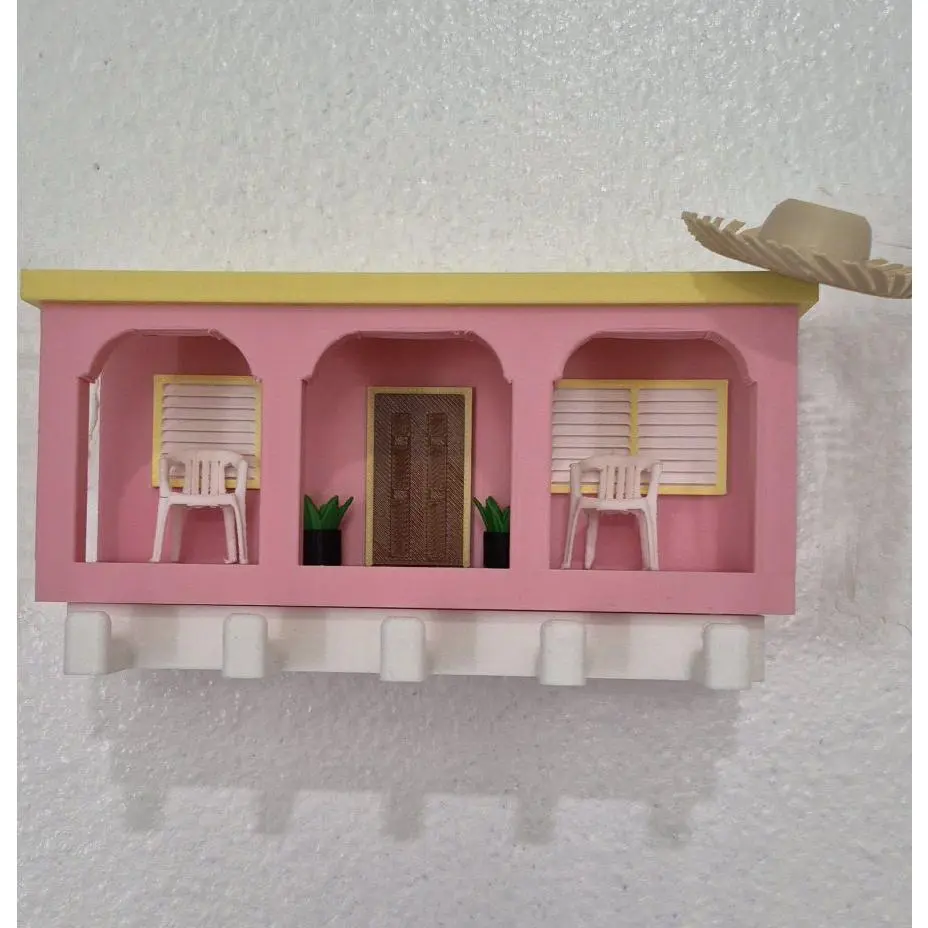 La Casita Wall-Mount Keychain Holder, Pink Miniature House Decor with Chairs, Plants - Hanging Key Organiser for Home Storage, Ideal Gift