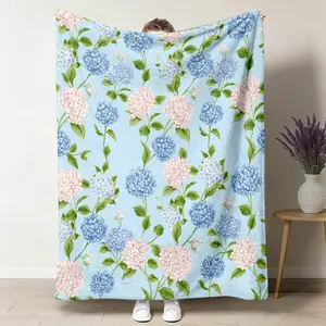 Hydrangea Floral Throw Blanket, Blue Pink Watercolor Flannel Blanket, Soft Cozy Warm Throw, French Cottage Flower Design, Gift for Her Mom Grandmother, Spring Summer Bedroom Living Room Couch Decor