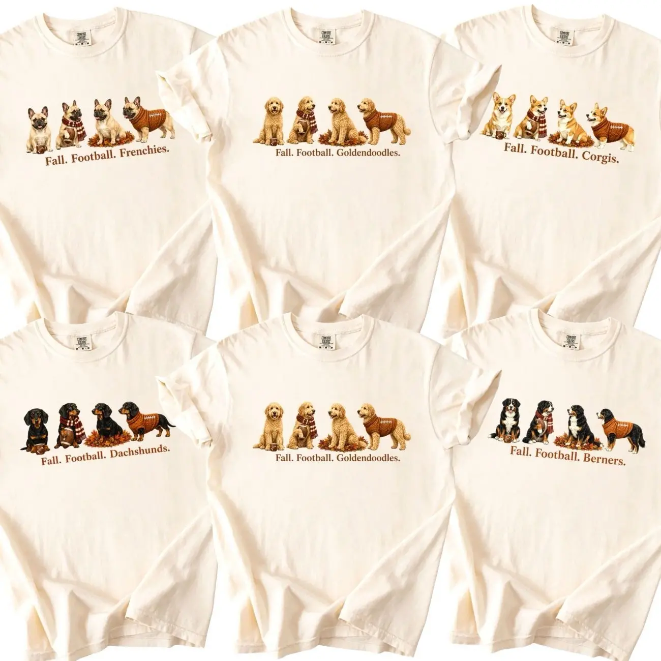 Comfort Colors Custom 50+ Dog Breeds Football Shirt, Personalized Fall Football Puppy Tee, Game Day T-Shirt for Dog Mom, Dog Dad and Pet Lovers , Ivory Color - AL PF0