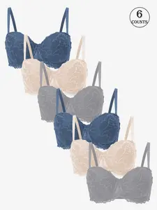 3/6Pack Women's lace patterned thin-strap adjustable bra with padding and underwire, sizes 70B-90C, four-row three-hook closure, made of skin-friendly lace fabric, suitable for daily wear, dating, or work, Unlined lace bra