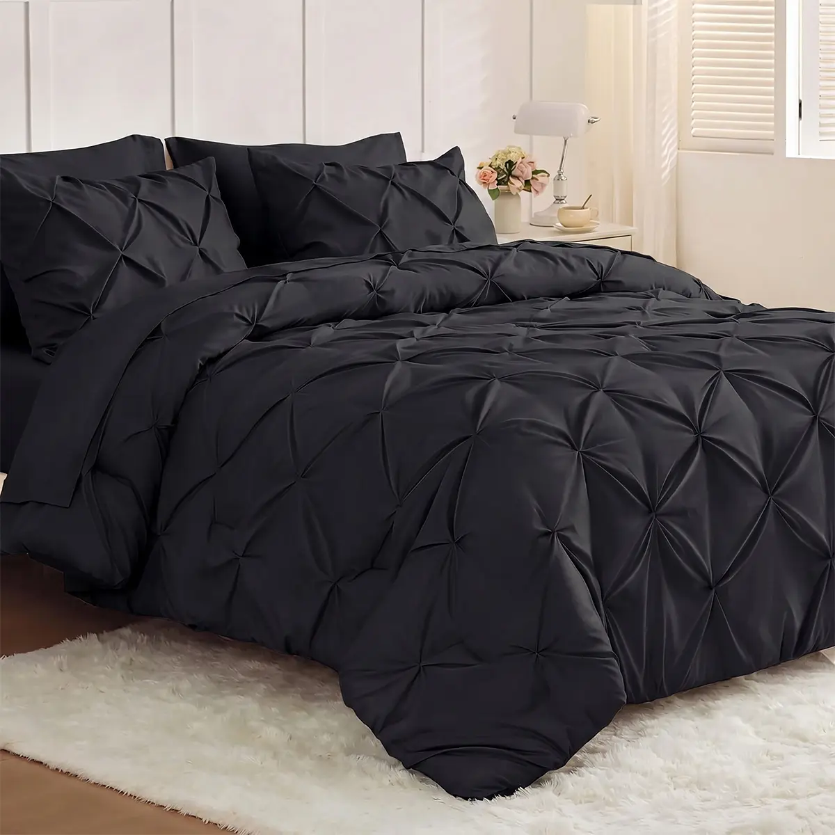 JOLLYVOGUE Black Queen/King/Full Comforter Set 7 Pieces - Bed in a Bag for All Season,Machine Washable, Girly Room Decor,Pintuck Bedding Sets with Comforter, Flat Sheet, Fitted Sheet and Pillowcases & Shams