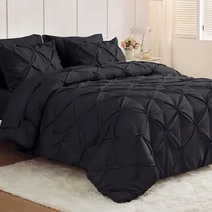 JOLLYVOGUE Black Queen Comforter Set 7 Pieces - Bed in a Bag Queen for All Season, Pintuck Bedding Comforter Sets with Comforter, Flat Sheet, Fitted Sheet and Pillowcases & Shams