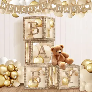 Boho  Boxes with Letters for  Shower Decorations - 4 count Rustic Farmhouse Style Transparent Balloon Boxes with Burlap Grain for   Shower Birthday Party Decorations