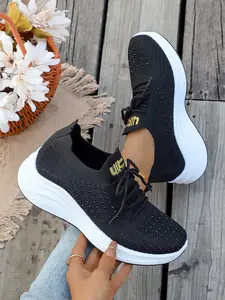 Women's Summer Breathable Hollow-Out Sports Shoes, Lightweight Shock Absorption, Anti-Slip Rubber Sole, Casual Textile Sneakers