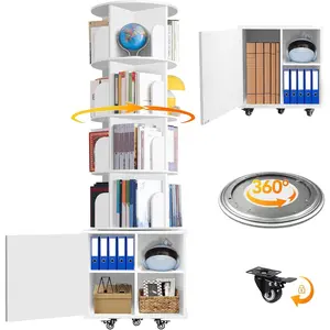6 Tier Rotating Bookshelf Spinning Bookshelf Tower 360? Revolving Bookcase with Storage Cabinet Corner Organizer Storage Round Carousel with Wheels, White