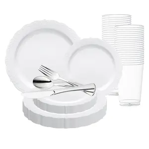 White with Silver Vintage Rim Round Disposable Plastic Wedding Value Set