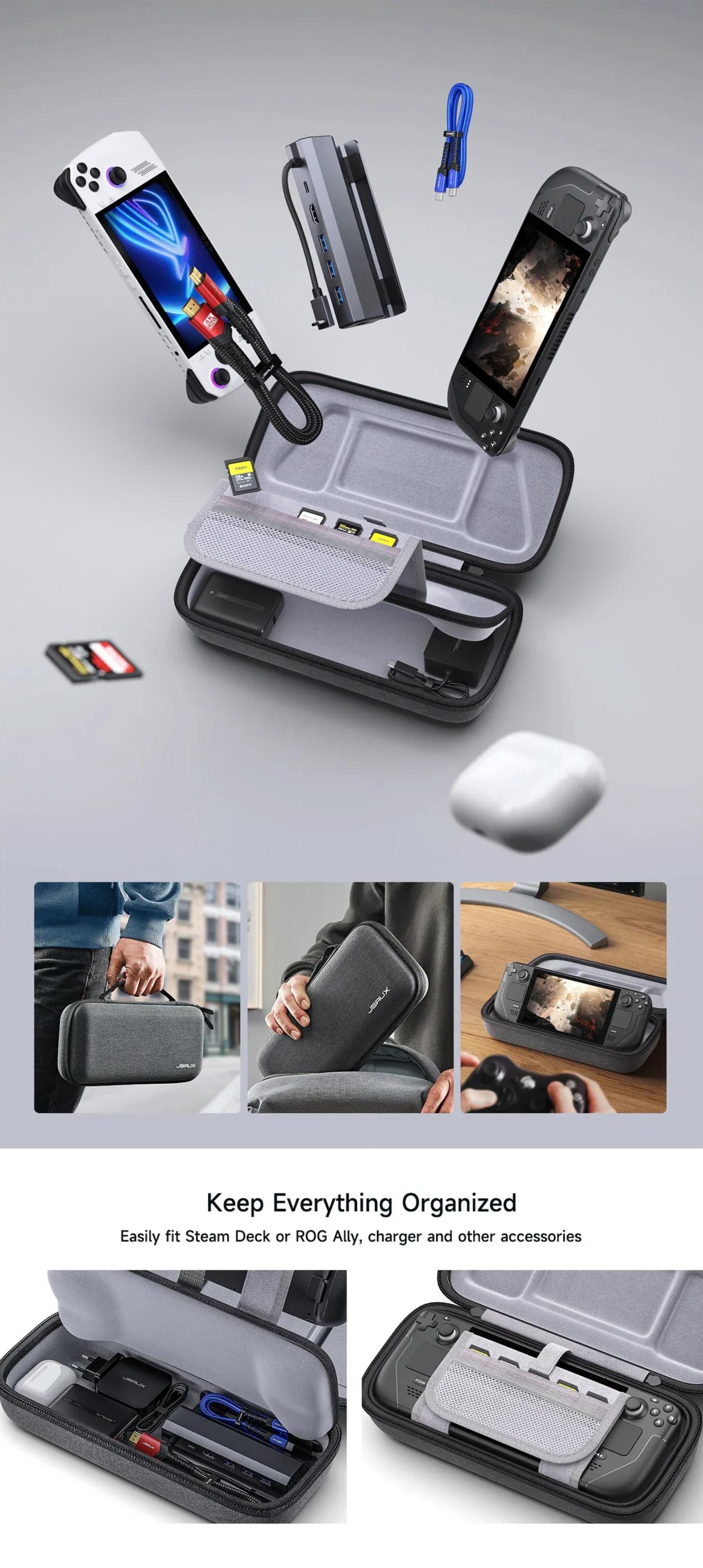 JSAUX Carrying Case Compatible with Steam Deck/ROG Ally/Switch 2, Protective Hard Shell Carry Case Built-in Charger & Docking Station Storage, Portable Travel Bag for Steam Deck OLED/ROG Ally X