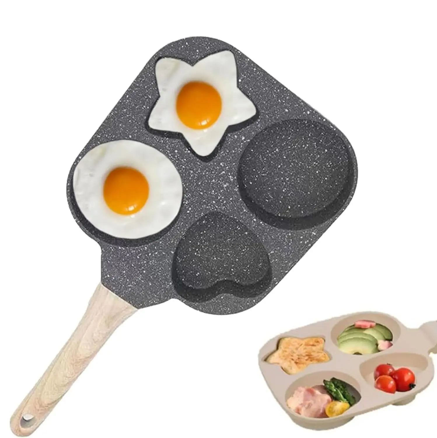 Creative Shaped 4-Hole Non-Stick Frying Pan with Handle - Kitchen Cookware for Frying Eggs, Pancakes, Student Breakfast Bento Prep