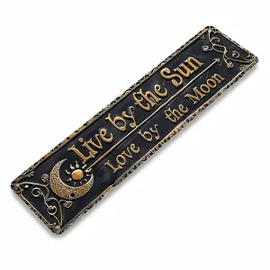 Live By The Sun Love By The Moon Aluminum Sign, Flat Vintage Black & Gold Wall Decor, Celestial Sun & Moon Quote Design, Perfect for Bedroom & Boho Space, 16x4 Inch, Great Inspirational Gift for Spiritual Lovers, Trendy Retro Grunge Vibe Decoration