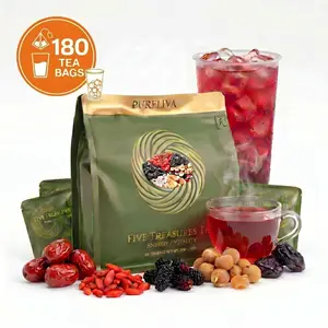 20/60/120/180Bags PURELIVA 5 Treasures Kidney Wellness Non-Caffeinated Packaged Ready-to-Mix Herbal Tea with American Ginseng, Goji Berry, Red Dates, Mulberry, Longan, 20 Tea Bags for Energy & Vitality Support, Non-Caffeinated Herbal Tea