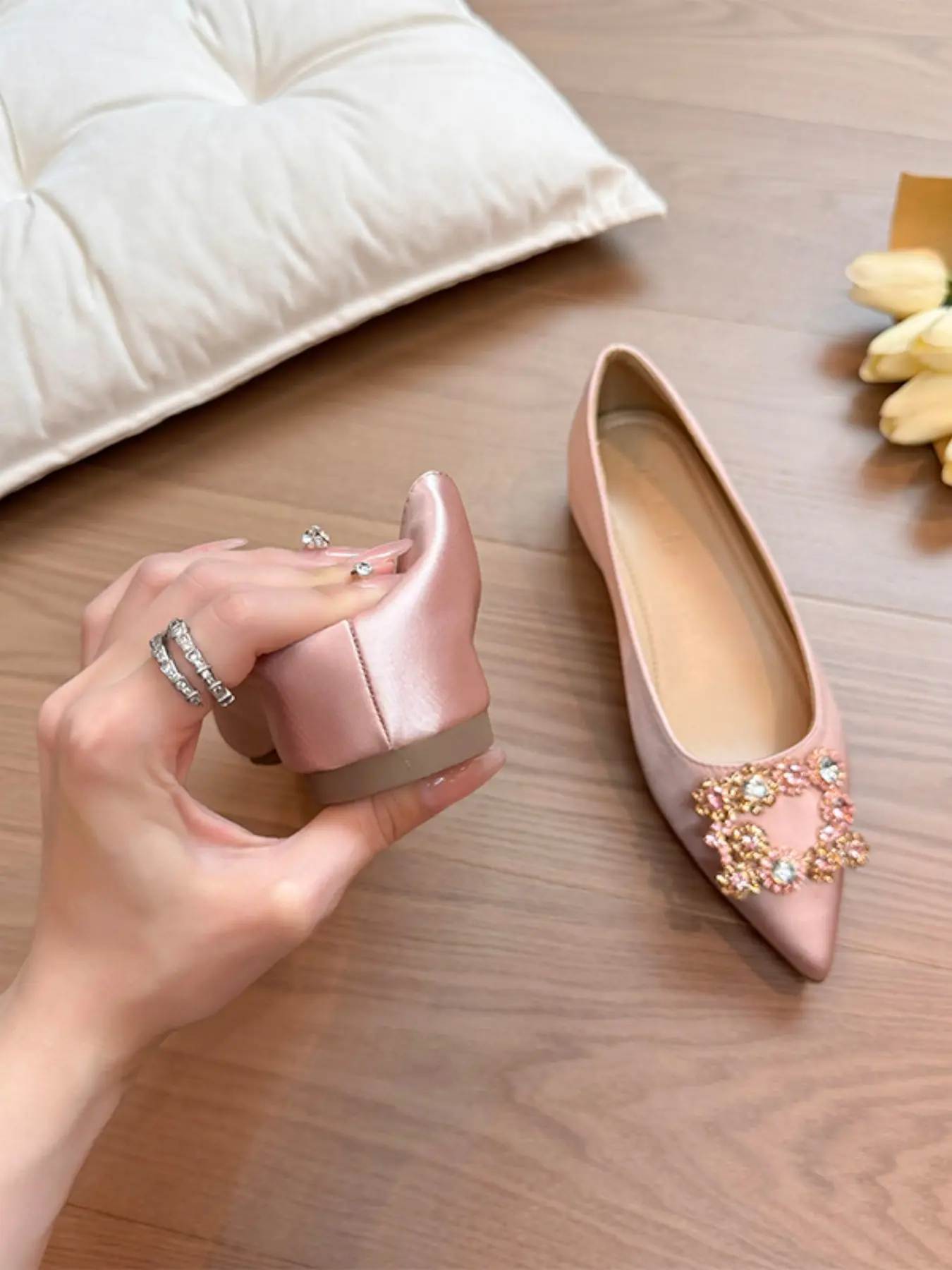 Elevate Your Elegance with 5cm Height Boosters, Water Diamond Embellished Square Buckle Pointed-Toe Stylish Classy High Heels, Ideal for Weddings & Business Events, Women