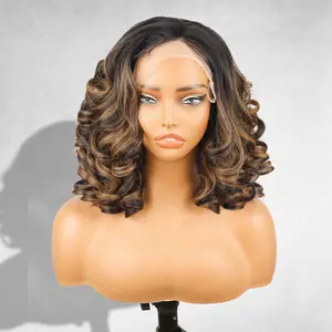 [ AISI HAIR ]13X4 short Lace Front  12inch Curly large Hair wave Wigs for women, Synthetic Wig for Daily Party Use (Black with Brown HighLight)