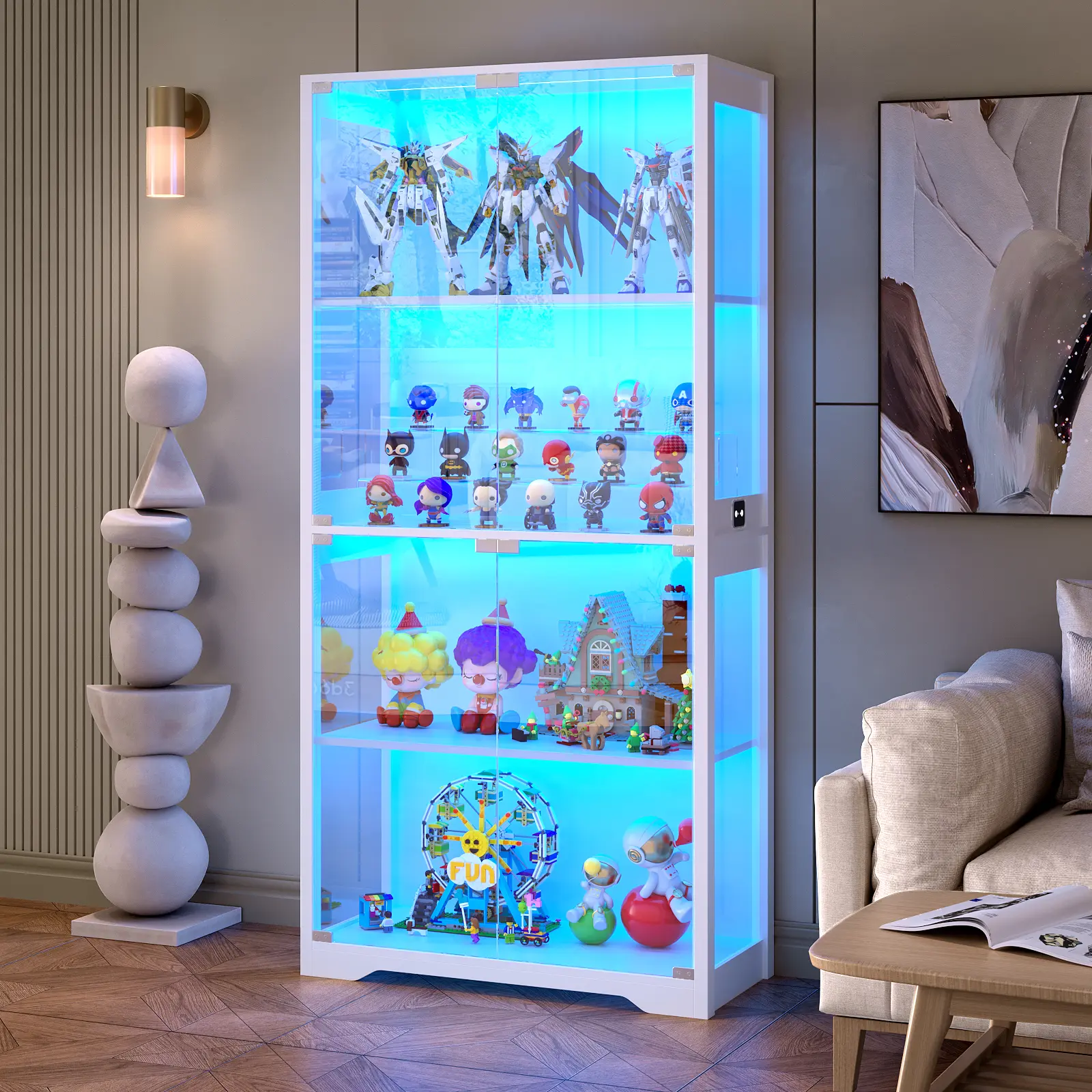 BROTTAR Display Cabinet with Glass Doors, Storage Cabinet with 3 Color Light, 4-Tier Curio Cabinet Bookcase for Collectibles, Toys, Books, for Playroom, Bedroom, Study Room, White/Black