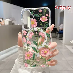 Pink Floral Symphony Pattern Magnetic Phone Case for  Samsung Galaxy S26 Edge S23 Ultra S24 Plus FE S25 S22+ Anti-Yellowing Shockproof Lightweight Transparent Acrylic Large Hole Soft Cover Supports Wireless Charging
