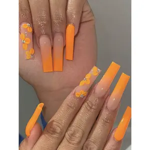24Pcs Orange Ombre 3D Flower Petal Style Coffin False Nails, Press on Nails Suitable for Women and Girls for Daily Wear Nail Supplies  na