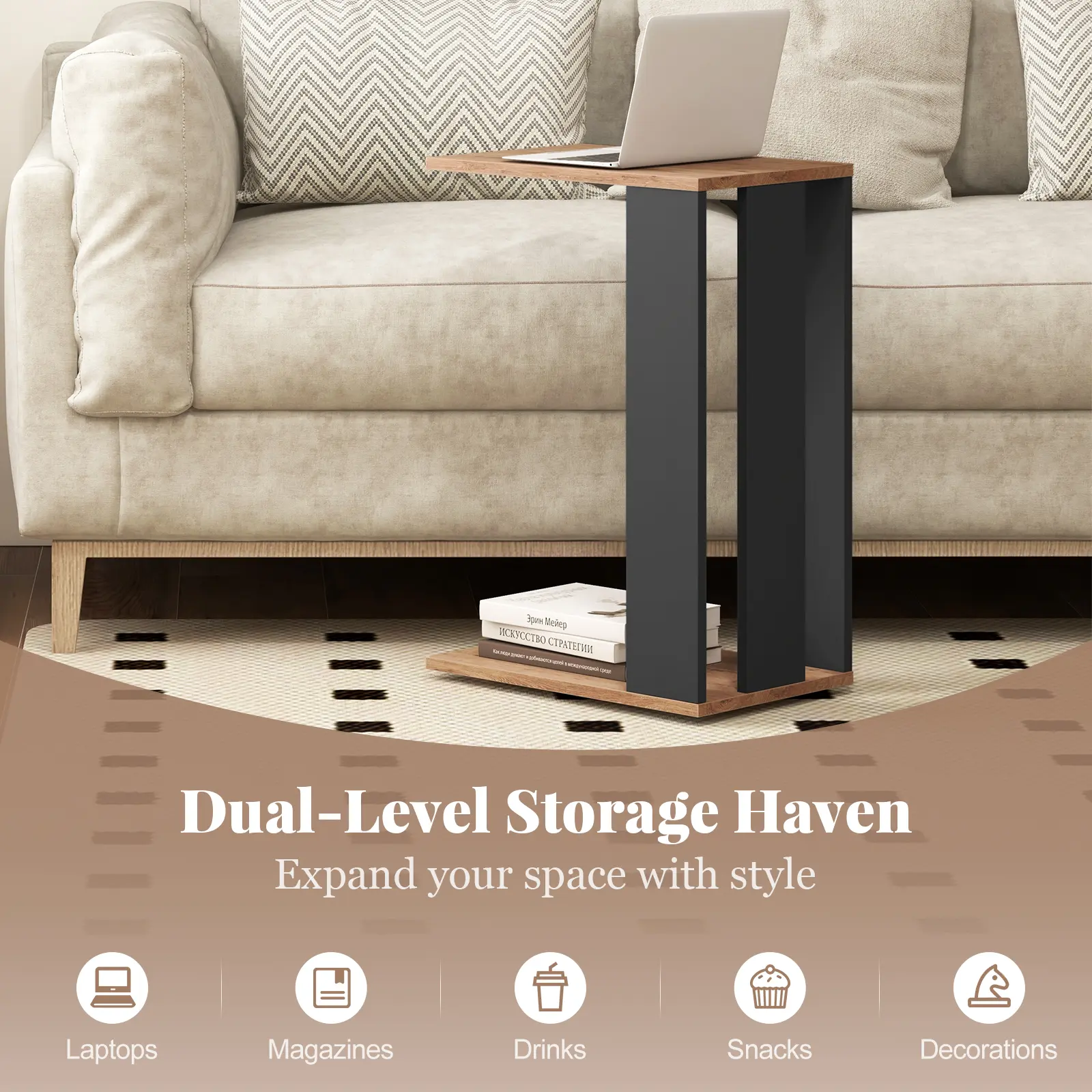 COSTWAY - 2-Tier C-Shaped Side Table with Universal Wheels and Shelf-Rustic Brown