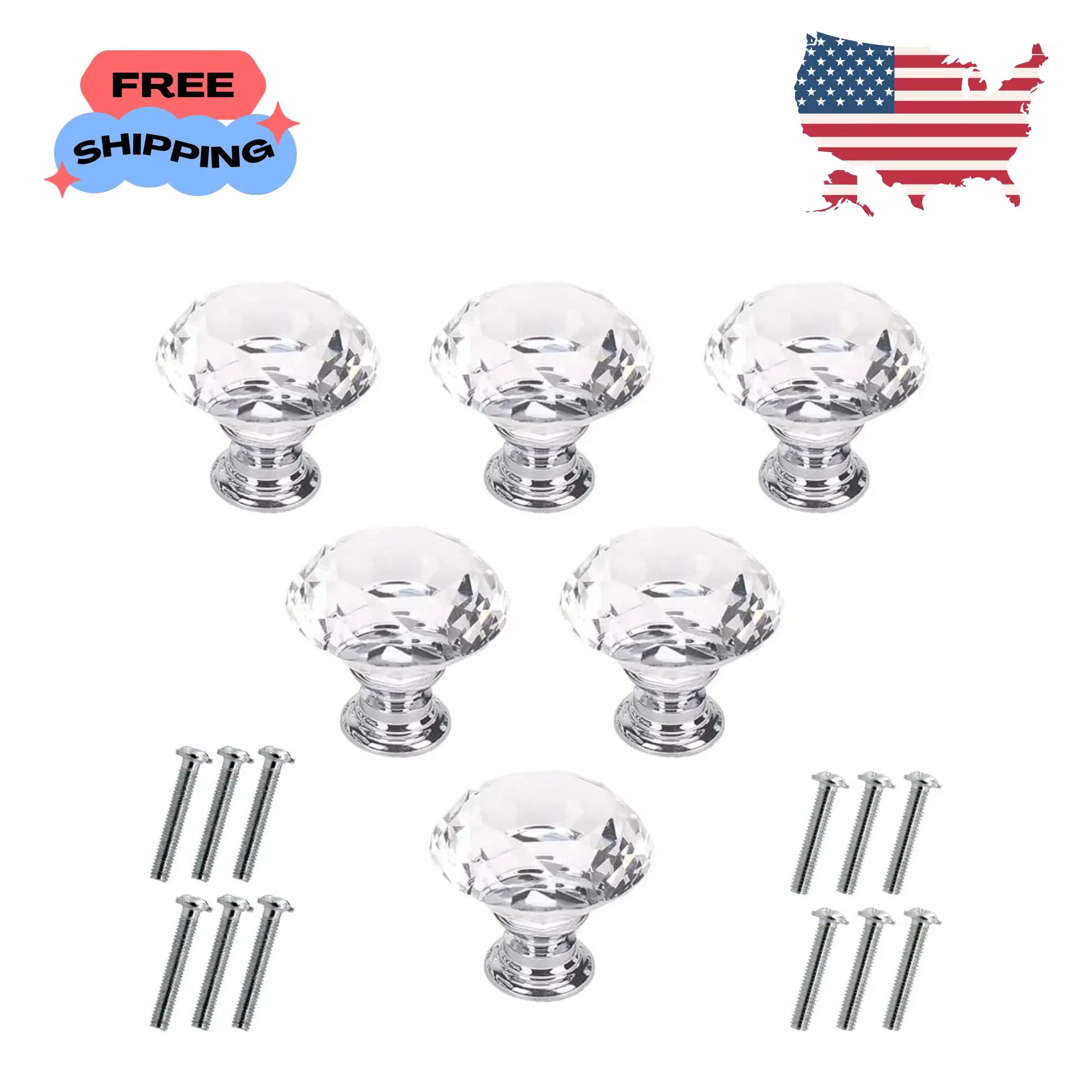 6 Pcs Crystal Glass Cabinet Knobs 30mm Diamond (30mm, Clear)