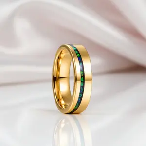 Green Opal Inlay Yellow Gold Tungsten Carbide Men's Ring