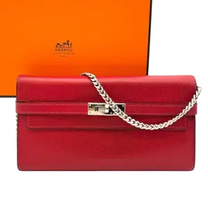 Pre-owned HERMÈS clemence leather Crossbody Bags Hermes Kelly Wallet in Red with Palladium Hardware & Added Insert/Chain