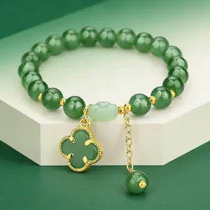 Lucky Four-Leaf Clover Green Aventurine Beaded Bracelet for Women - Attract Wealth, Abundance & Prosperity - Natural Crystal Healing Energy Fortune Charm Jewelry Gift