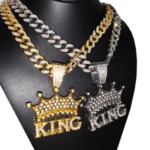 MaxBling81 Unisex Iced Cubic Zirconia Large King Crown Charm Pendant Necklace, 13mm Metal-Coated 20" Cuban Link Chain Jewelry Necklaces, Hip Hop Gifts for Anniversary, Birthday Jewelry Gifts