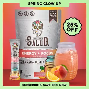 Salud 2-in-1 [Energy + Focus – Peach Lemonade] Clean Energy Drink Mix, Agua Fresca,  Organic Caffeine, B6 & B12, L-Theanine, Drink Packets, Non-GMO, Gluten Free, Vegan, Low Calorie, 1g Sugar (15 Servings), Spring Glow Up
