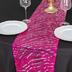 Mesh Table Runner 12"x108" Fuchsia - Wave Embroidered Sequin Table Decor