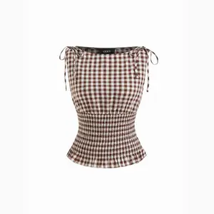 Cider Boat Neck Gingham Shirred Lettuce Trim Knotted Tank Top Cider Boat Neck Gingham Shirred Lettuce Trim Knotted Tank Top