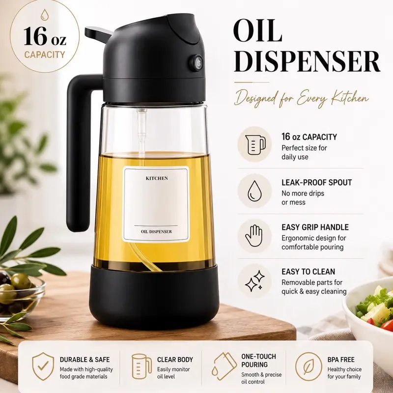 16oz Glass Oil Sprayer Bottle with Silicone Base – 2-in-1 Spray & Pour Oil Dispenser for Cooking, BBQ & Air Fryer