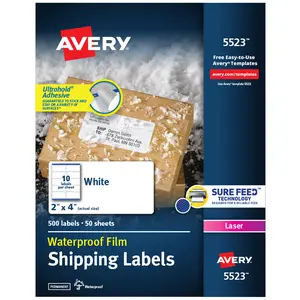 Avery Waterproof Labels with UltraHold Permanent Adhesive, 2" x 4", 500 Labels for Laser Printers (5523)