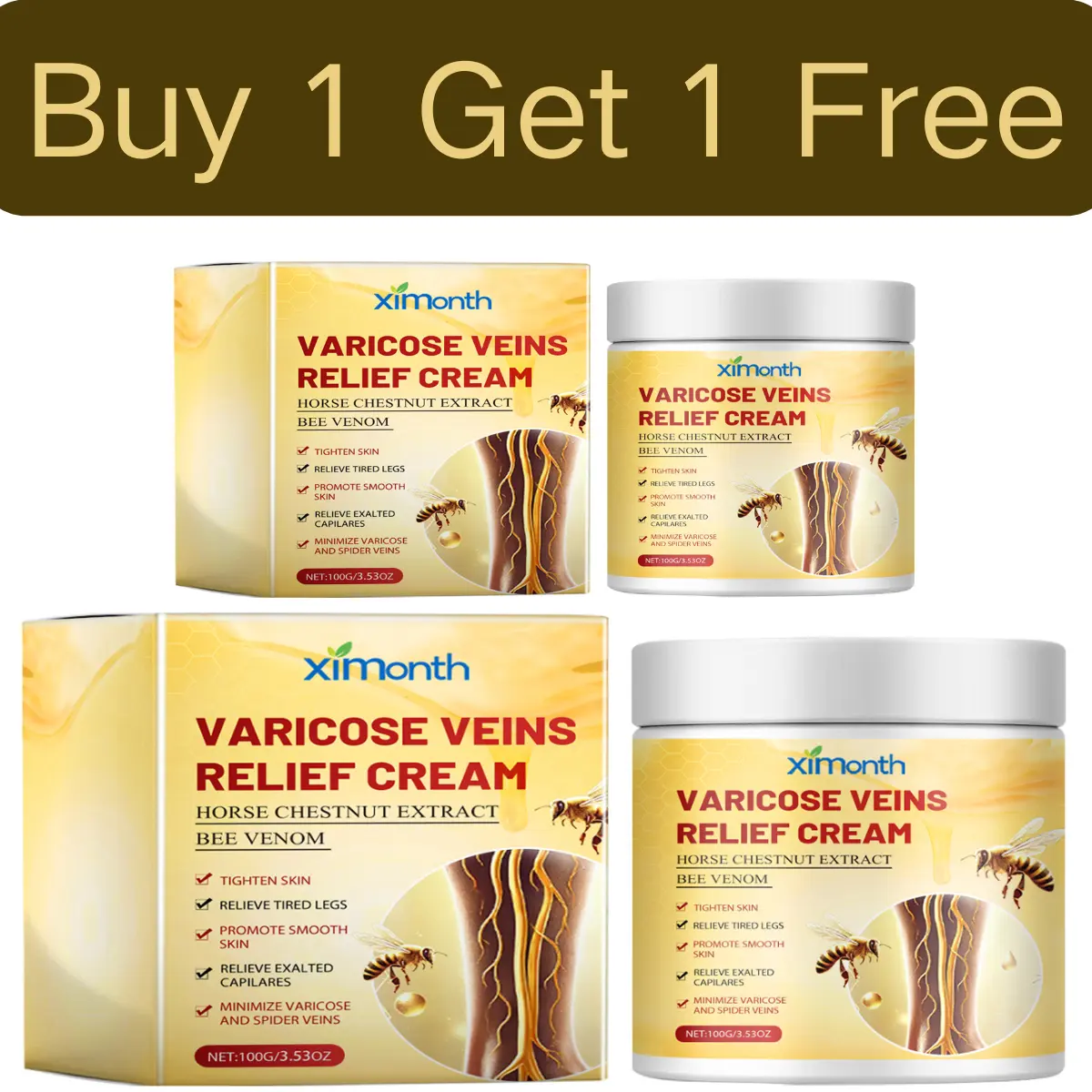 Buy 1 Get 1 Free Ximonth Vein Care Cream for Leg Fatigue Relief and Circulation Support with Plant Extracts Soothing Moisturizer 100g