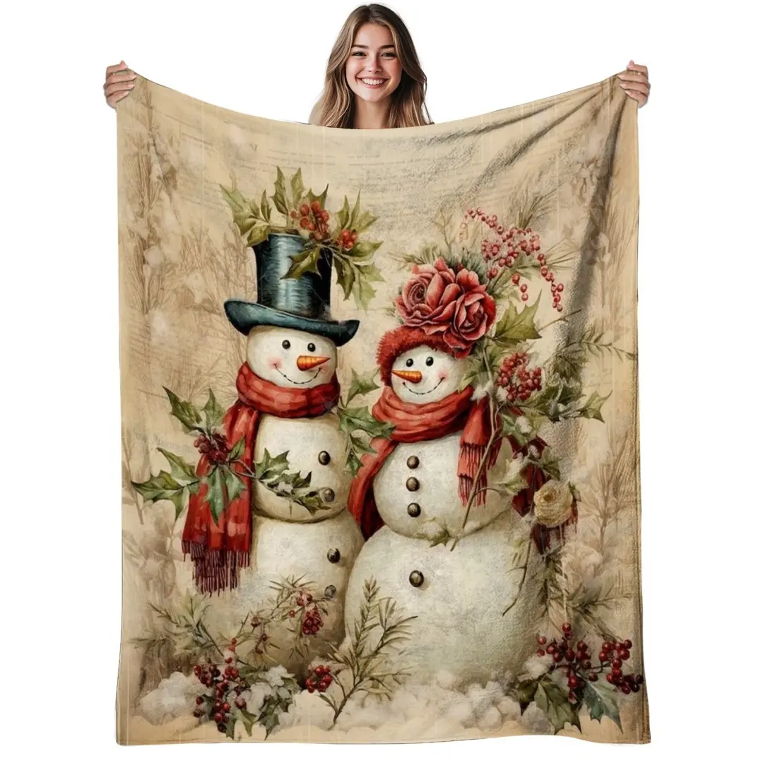 1pc, Snowman, Flannel Throw, Cozy, Warm, Retro Style Print, Ideal for Couch, Living Area, Bedroom, Year-Round Use, Halloween  Christmas  Room Decoration  Autumn for Home Accents, 280Gs