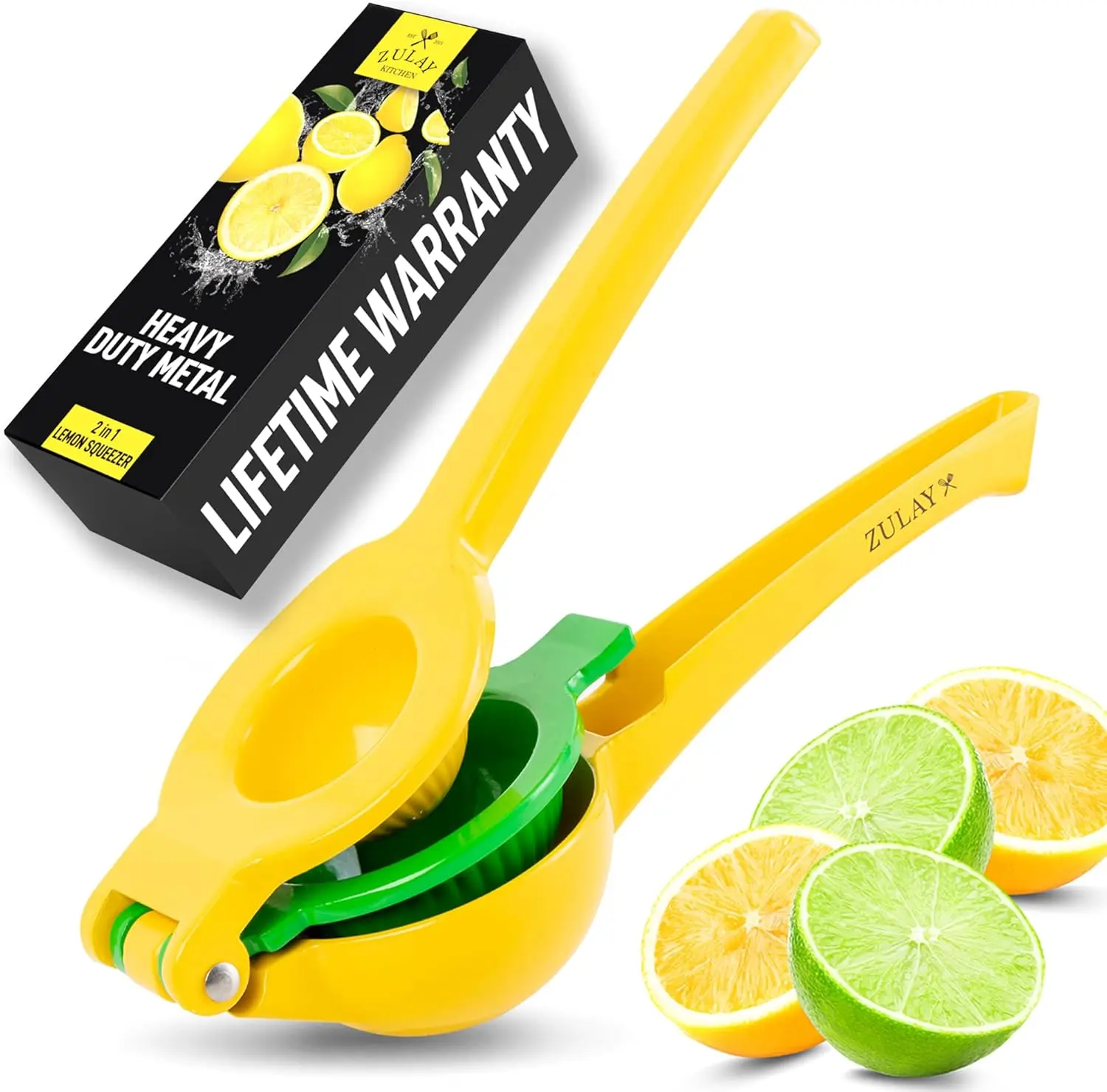 Zulay Metal 2-In-1 Lemon Squeezer Manual - Sturdy, Max Extraction Hand Juicer Lemon Squeezer Gets Every Last Drop - Easy to Clean & Use Citrus Juicer-Yellow/Green Zulay Kitchen
