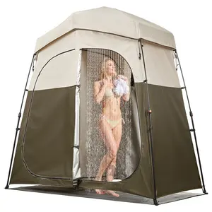 Camping Shower Tent, 2-Room Foldable Portable Privacy Changing Room With Ground Stakes, Ropes, And Carry Bag, 150D Oxford Fabric With Silver Coating, Weather-Resistant And Quick-Setup For Camping, Beach, And Fishing