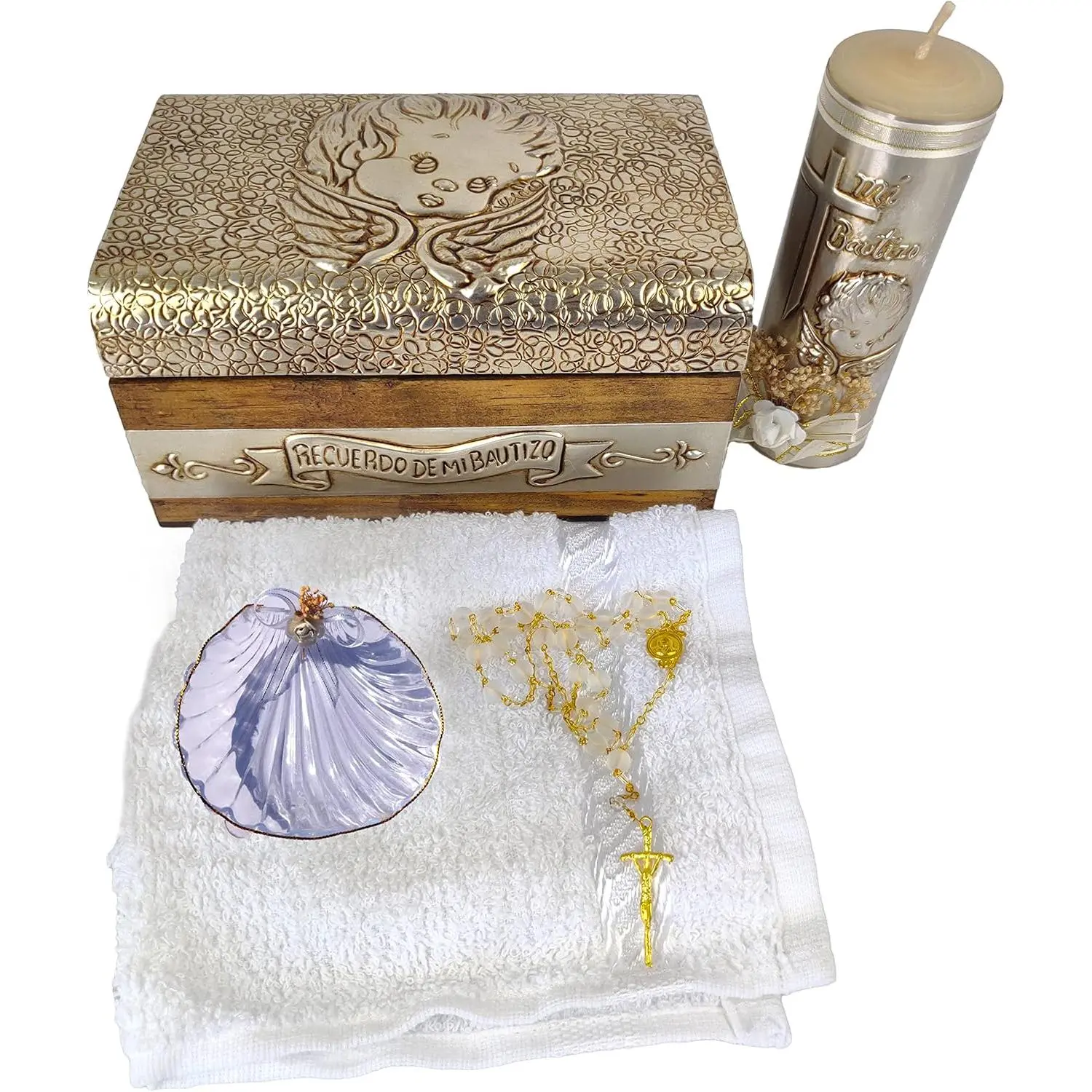 Baptism Candle Set in Premium Decoration Box with Towel, Rosary and Shell Included - Velas para bautizo Recuerdos de bautizo - Baptism kit Catholic with Candle for Party Favor